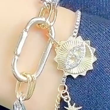 Carabiner Evil Eye Charm Stacked Stainless Steel Bracelet