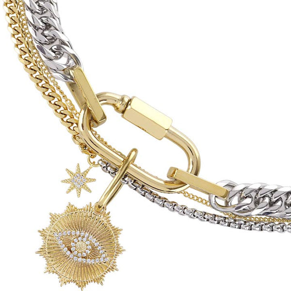 Carabiner Evil Eye Charm Stacked Stainless Steel Necklace