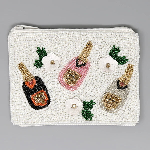 Champagne Bottle Seed Beaded Coin Purse - White