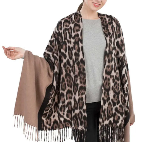 Solid and Leopard Pattern Scarf with Tassel Beige