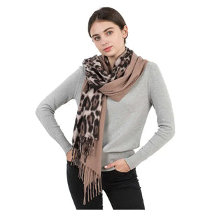 Solid and Leopard Pattern Scarf with Tassel Beige