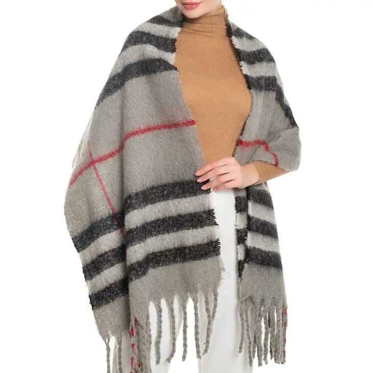 Plaid Long Scarf with Fringe Grey