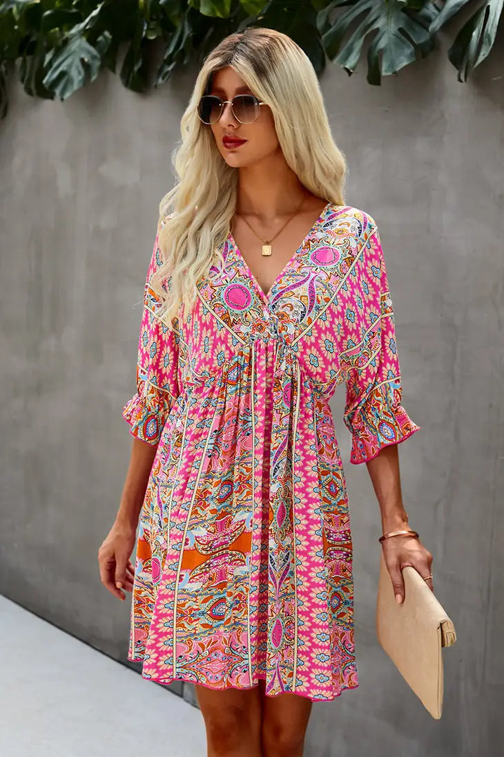 V Neck Half Sleeve Graphic Swing Dress