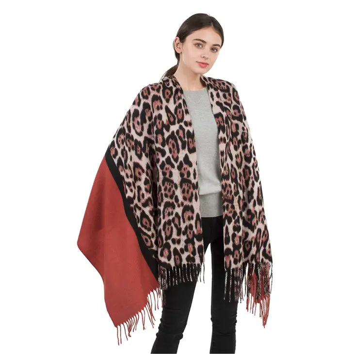 Solid and Leopard Pattern Scarf with Tassel Rust