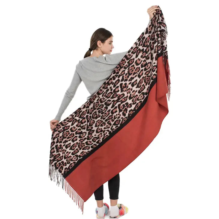Solid and Leopard Pattern Scarf with Tassel Rust