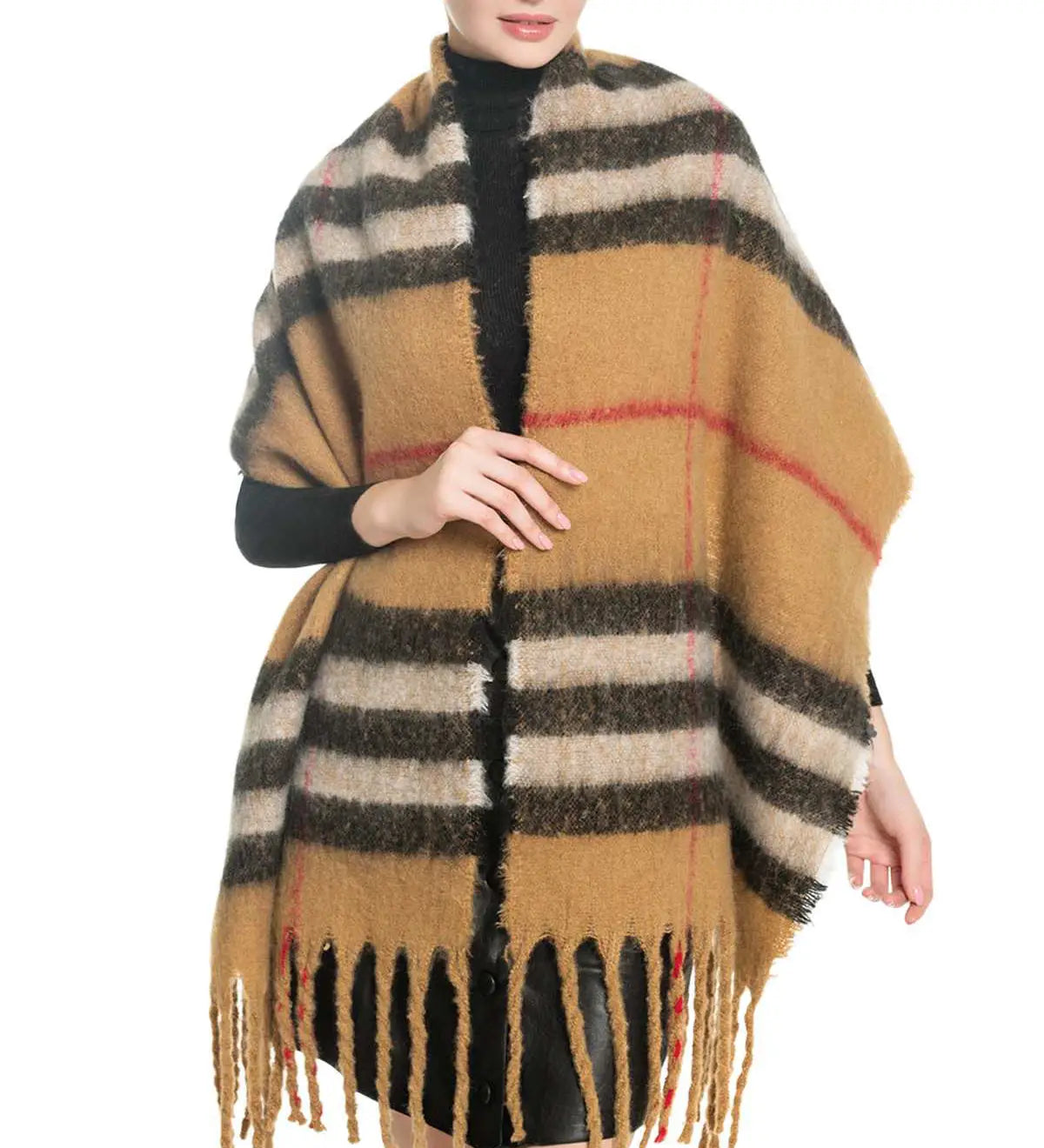 Plaid Long Scarf with Fringe Tan